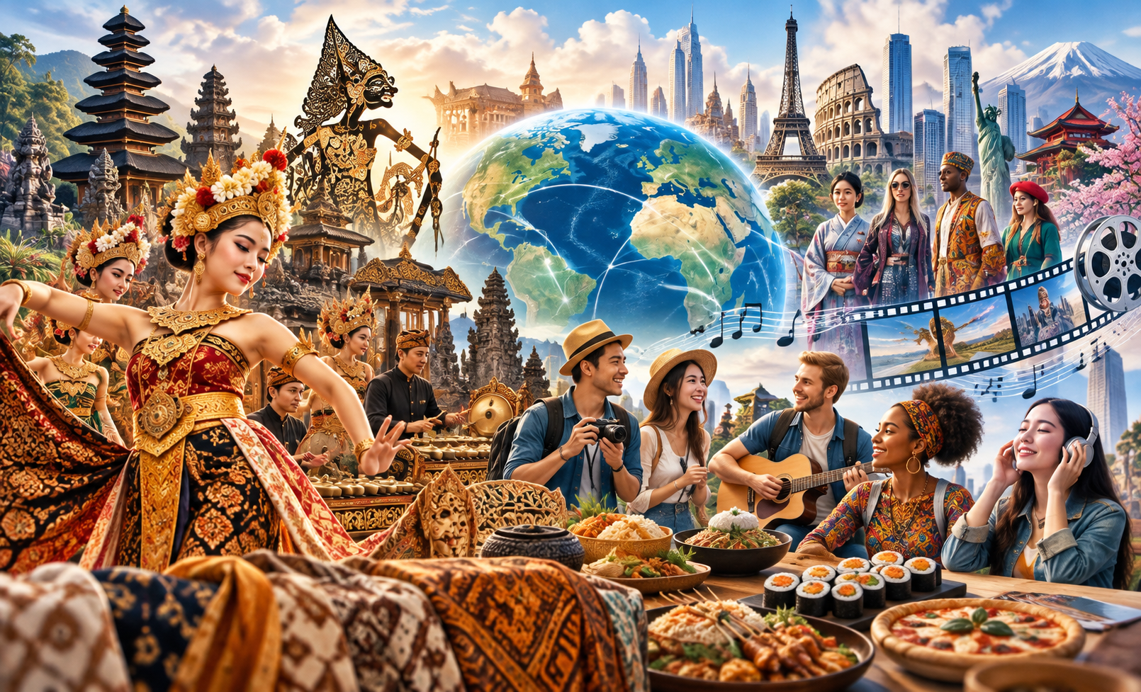 Globalisasi bidang budaya melalui pertemuan budaya Indonesia dengan budaya dari berbagai negara